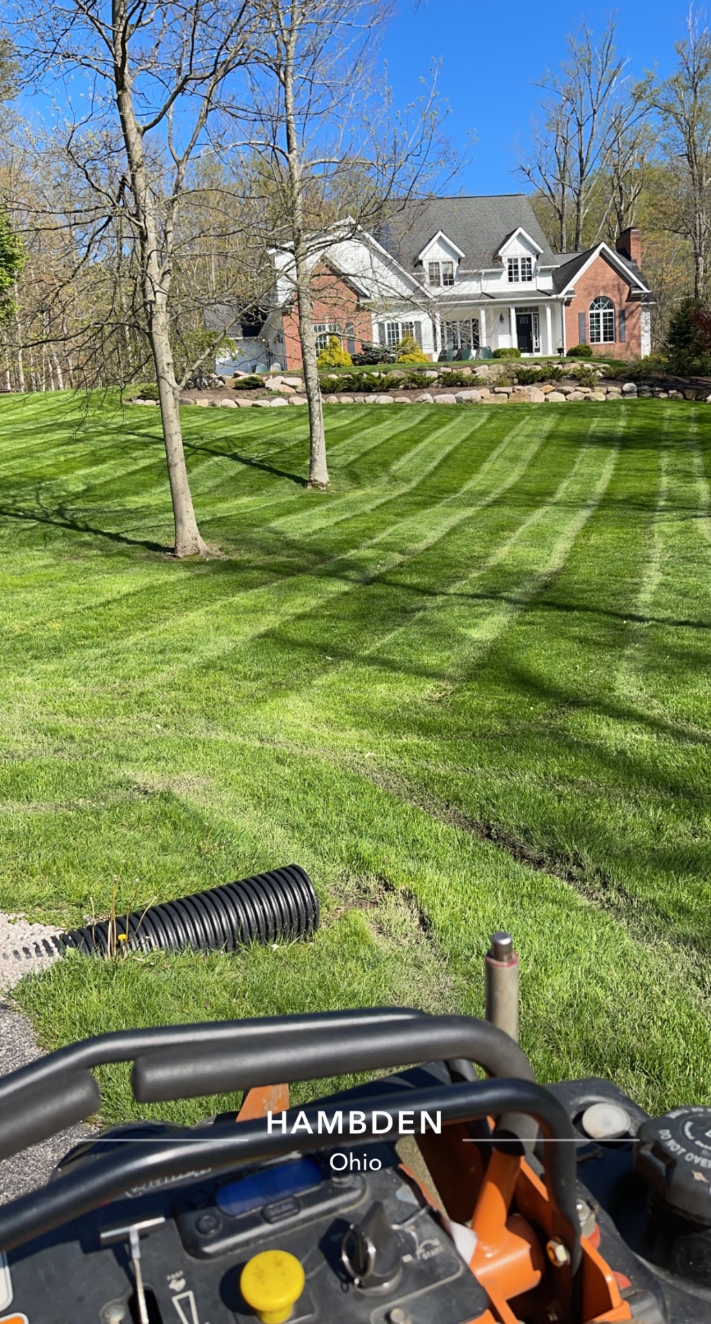 Long, even mowing stripes through a spacious, tree-lined lawn.